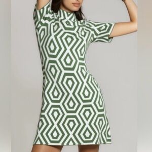 NWT Maeve The Nina Short-Sleeve Mock-Neck Mod Sweater Mini Dress Green & White